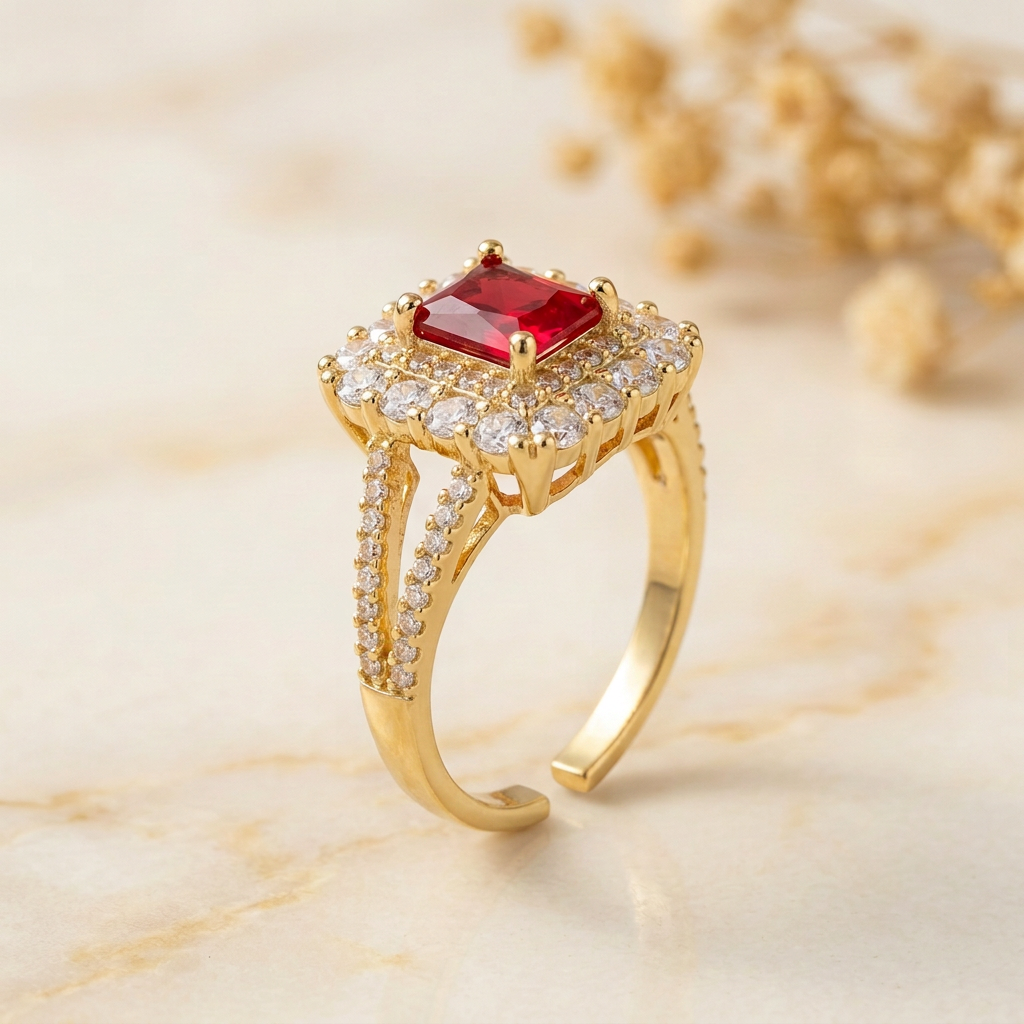 Scarlette red rectangular halo ring on cream marble with rear opening visible