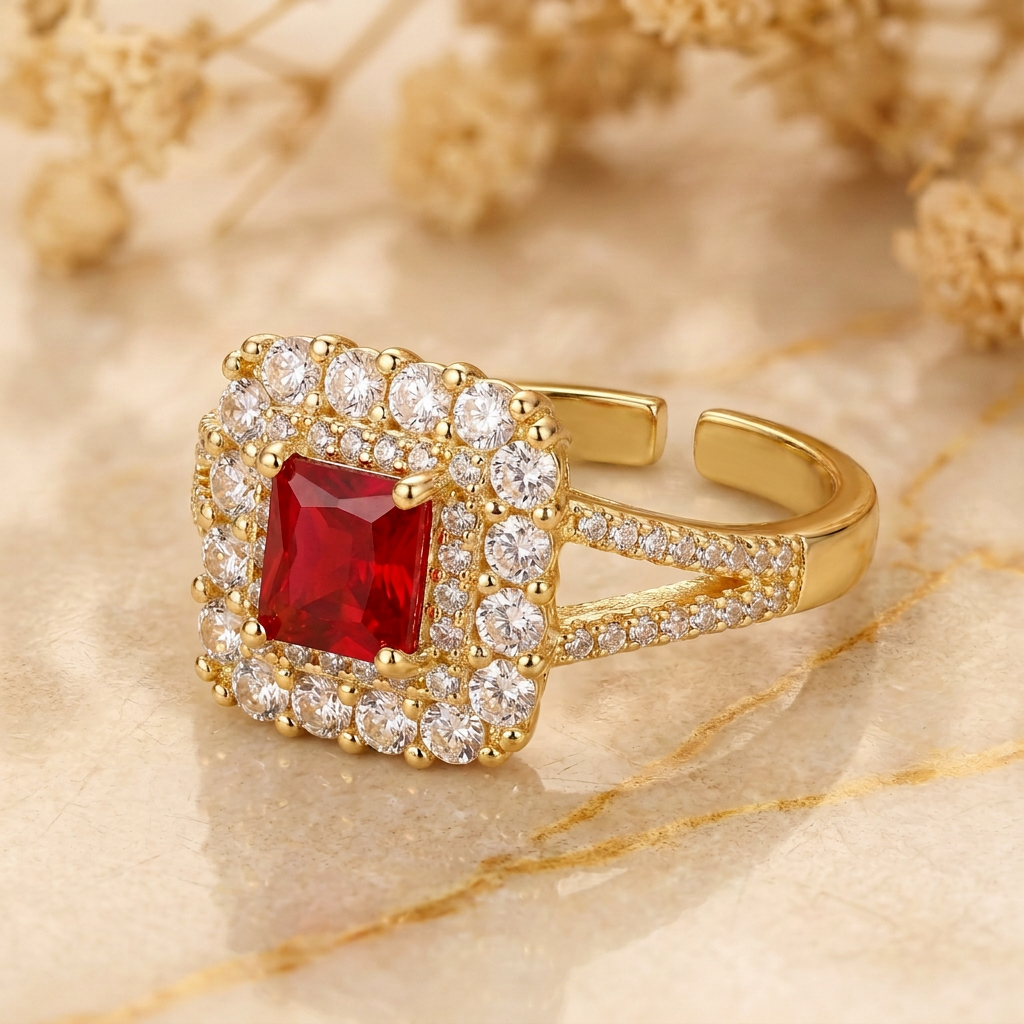Close-up of Scarlette red centre, clear-stone halo, split shoulders and plain open-back band