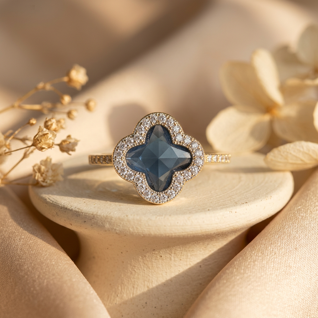 Blue four-lobed halo ring on a cream pedestal with champagne satin and delicate dried flowers.