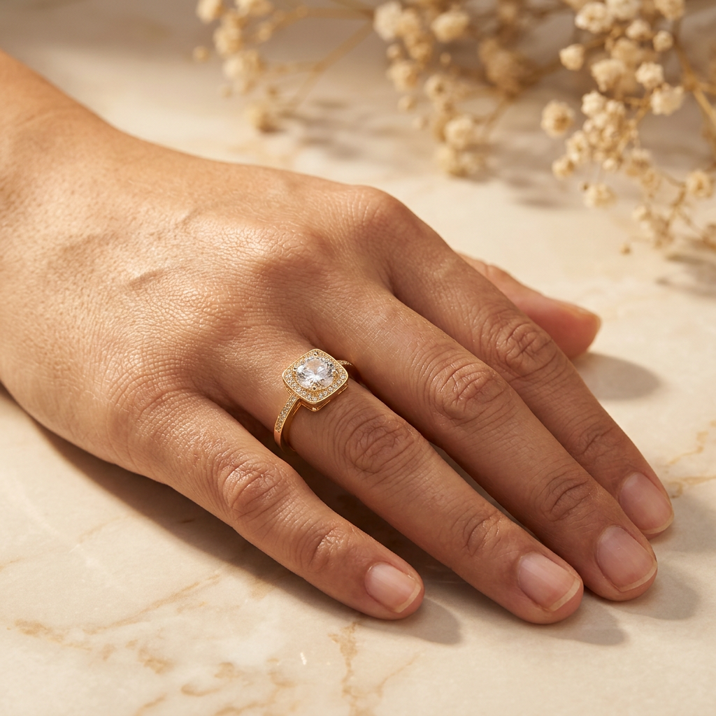 Clarielle clear square halo ring worn on an adult hand resting on cream marble
