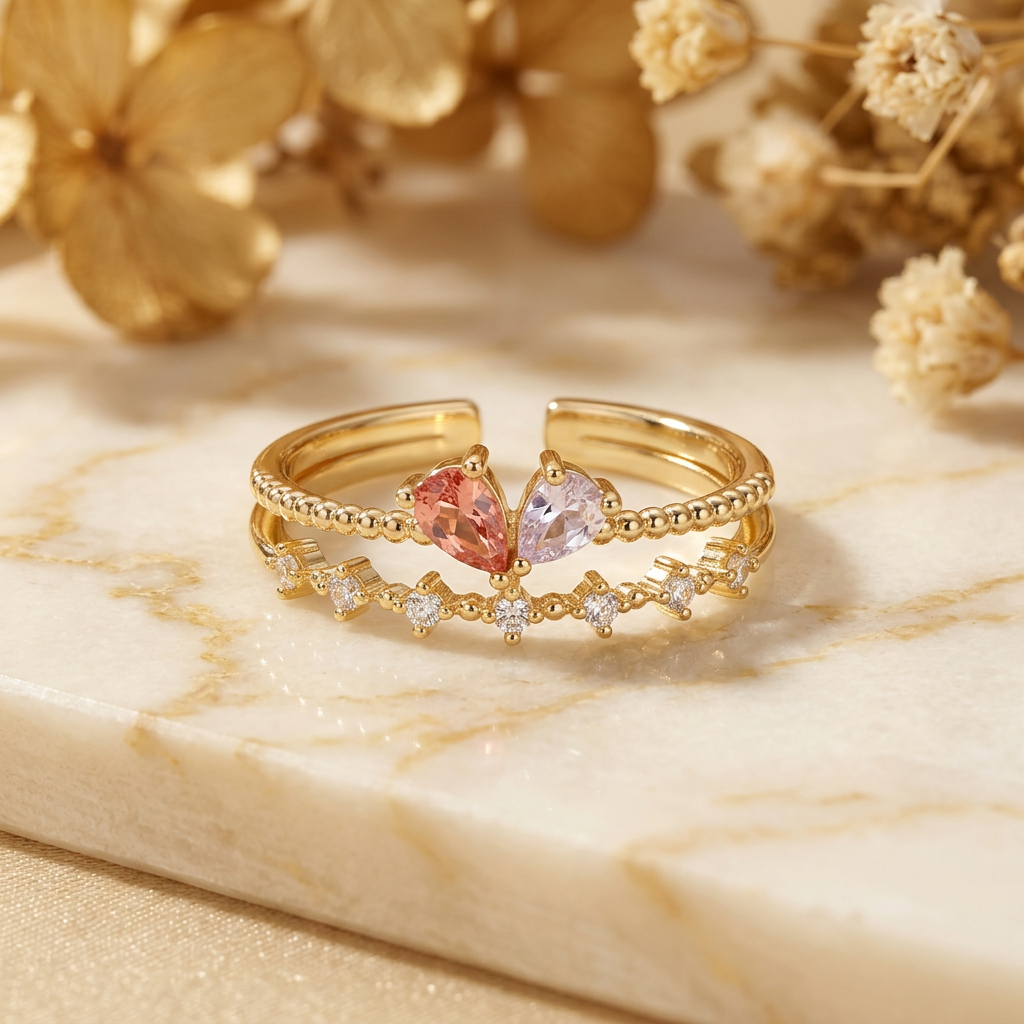 Gold-tone peach and pale lilac teardrop two-row ring on cream marble with blurred golden florals.