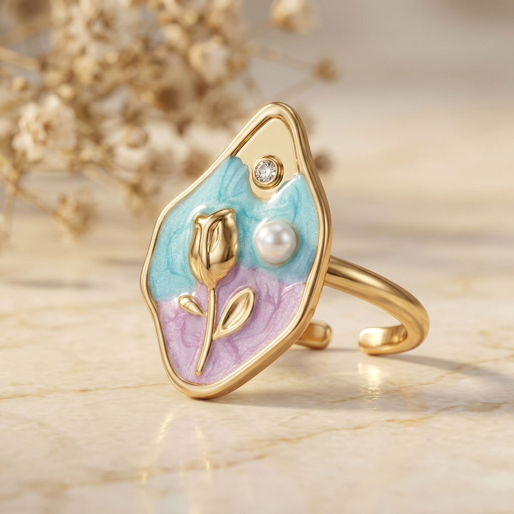 Colour-enhanced Rosaline aqua-and-lilac flowerbud ring on cream marble with rear opening visible