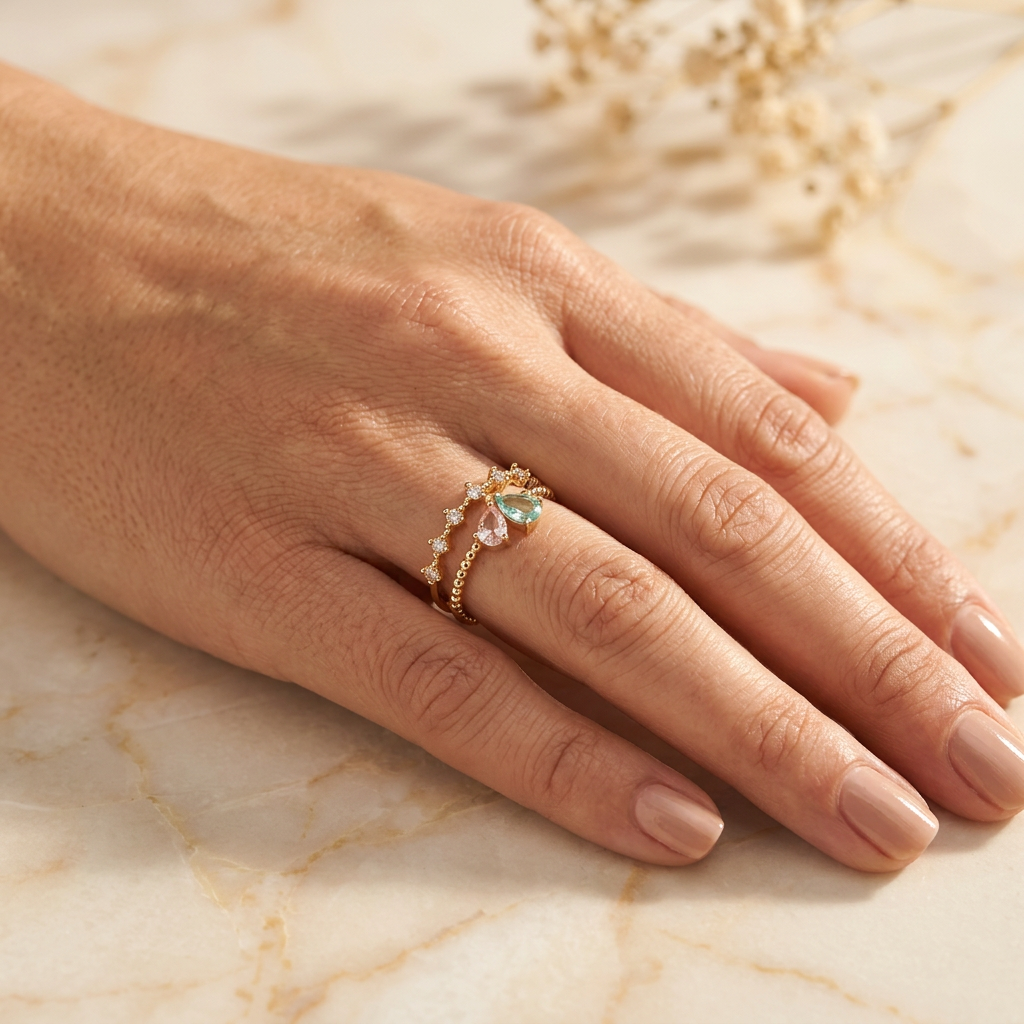 Adult hand wearing a joined two-row gold-tone pink and aqua teardrop ring while resting on cream marble.