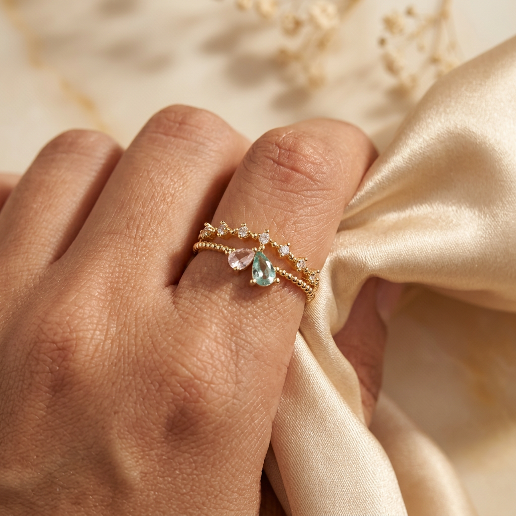 Adult hand wearing a gold-tone pink and aqua teardrop ring while gathering champagne satin.
