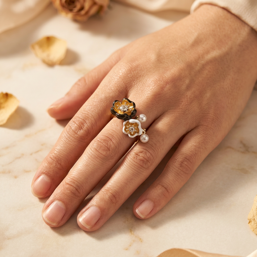 Camelline black and white twin-flower ring worn on an adult hand resting on cream marble