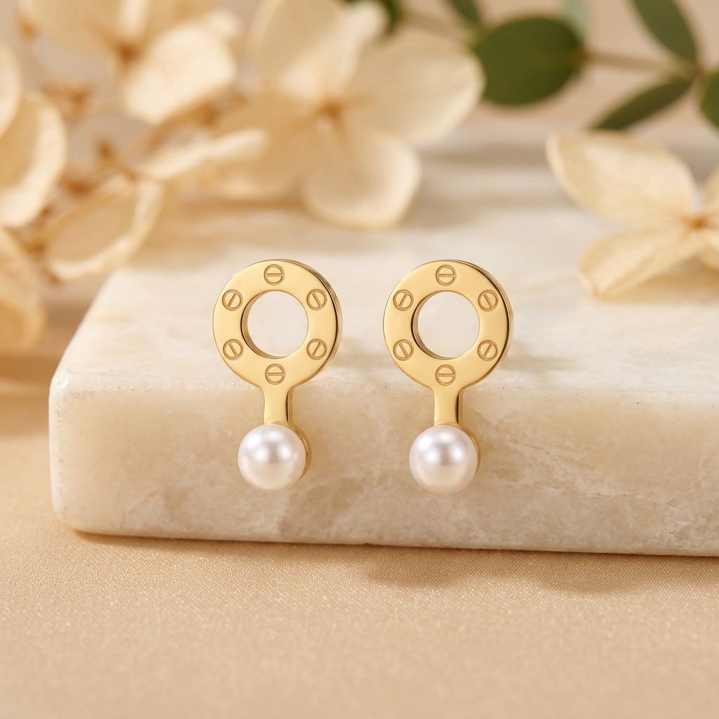 Orlina gold-tone circle pearl-look drop earrings arranged on cream marble