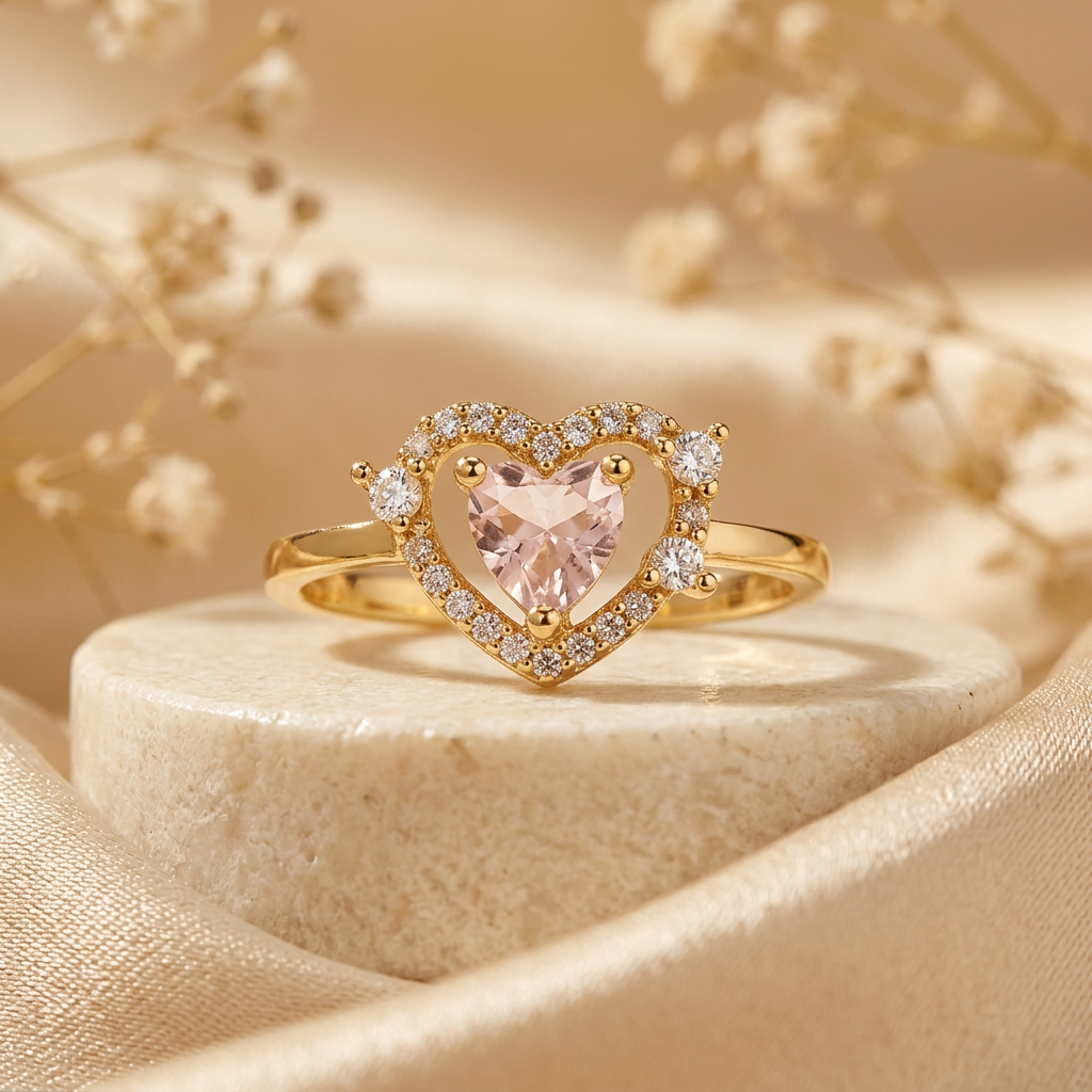 Gold-tone pink heart halo ring on a cream pedestal with champagne satin and delicate dried flowers.