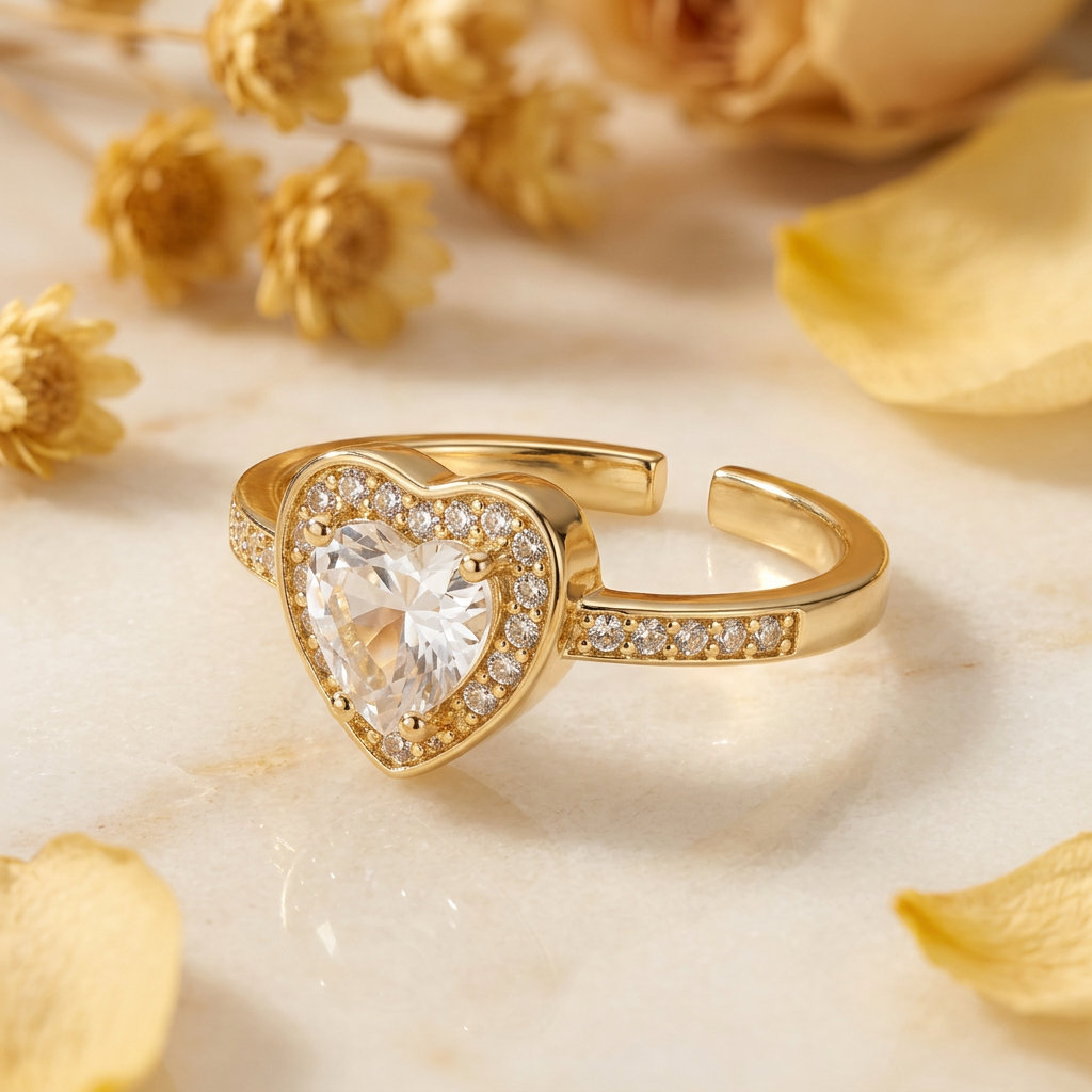 Coeurelle clear heart halo ring on cream marble with rear band opening visible