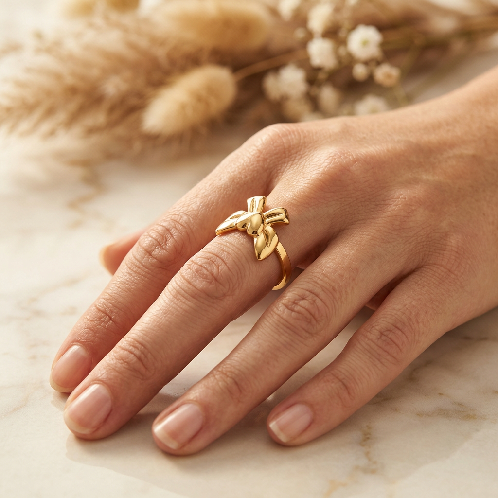 Adult model wearing a gold-tone bow-inspired ring with hand resting on cream marble.