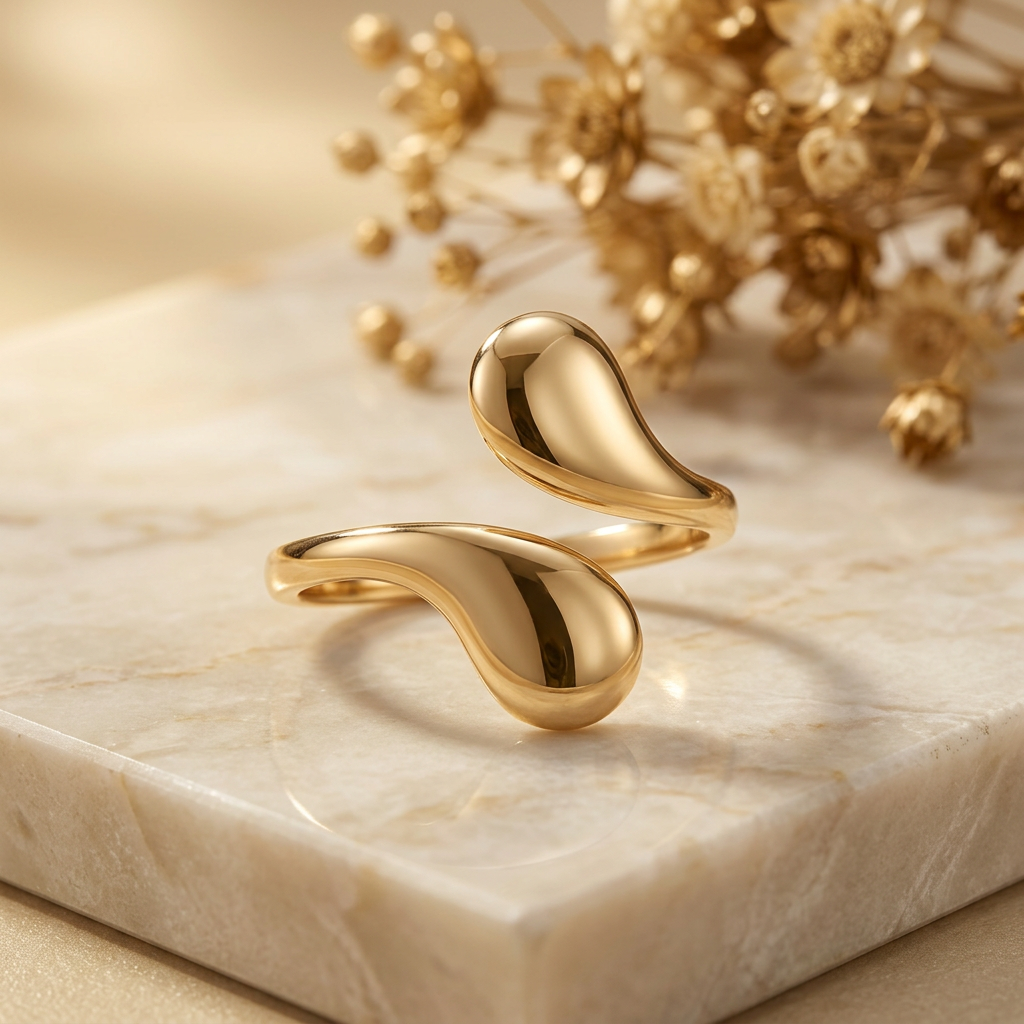 Gold-tone teardrop open wrap ring on cream marble with blurred golden florals.