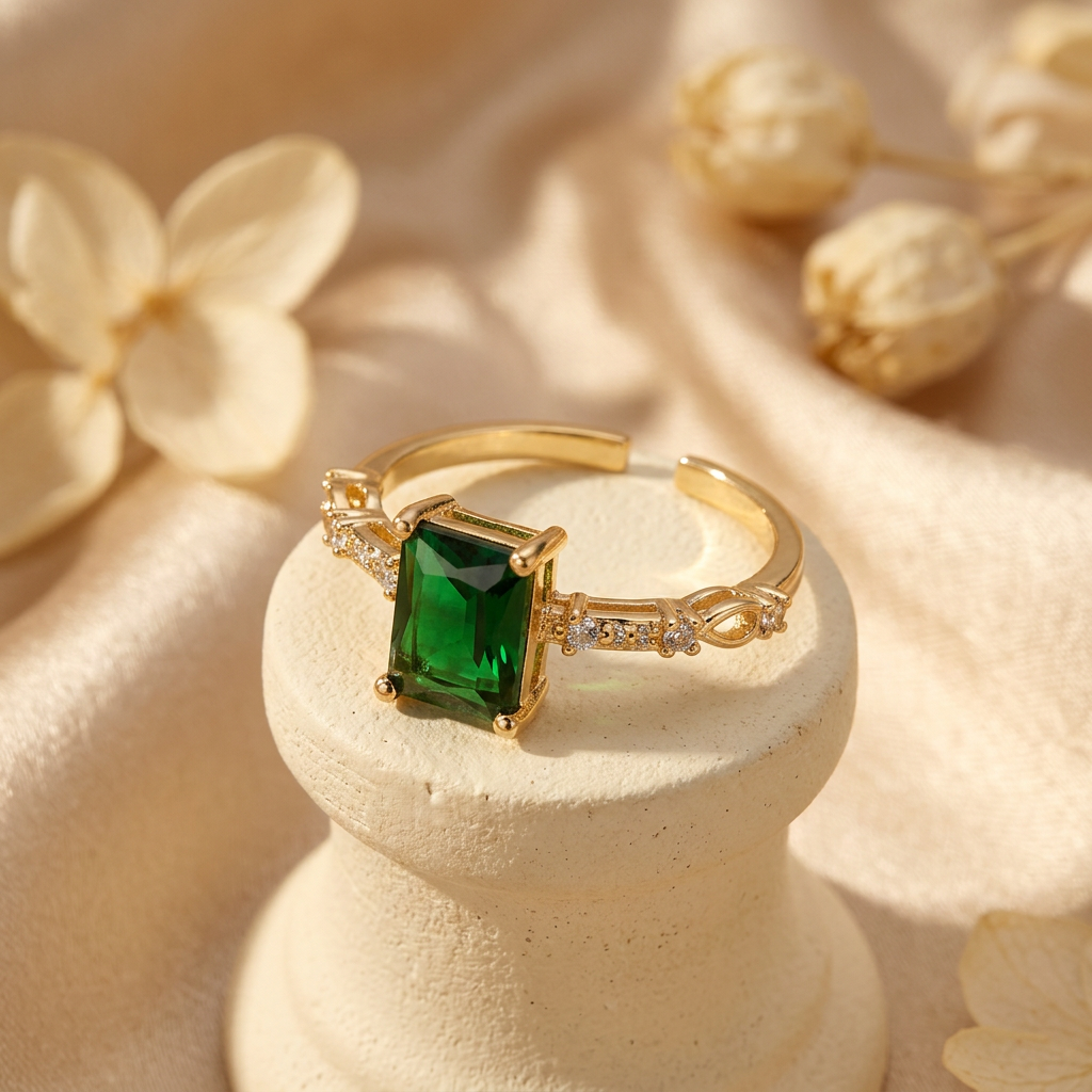Gold-tone green rectangular-stone ring on a small cream pedestal with champagne satin and dried flowers.