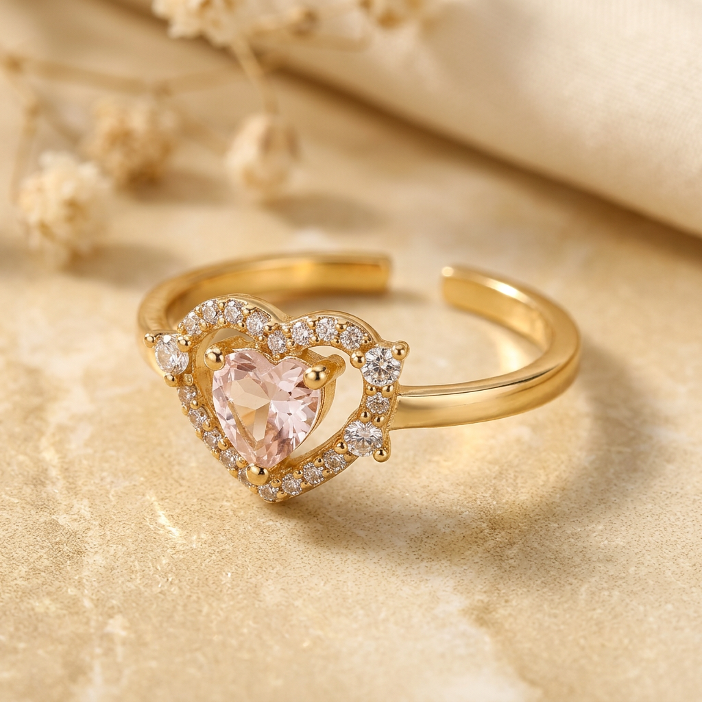 Close-up of pink heart centre, clear-stone halo, side accents and separated rear band ends.